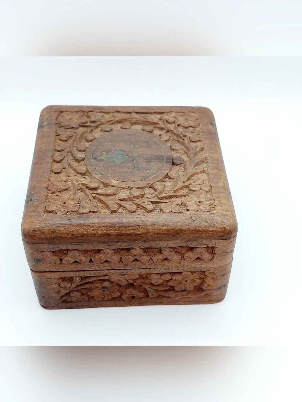 Vintage Hand Carved Wooden Trinket Jewelry Box Floral Folk Art Keepsake Storage